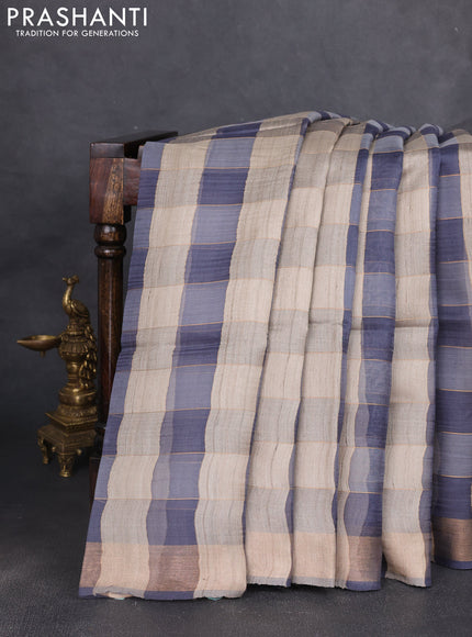 Pure dupion silk saree grey beige and peacock blue with allover zari woven checked pattern and concept printed pallu