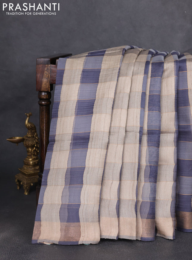 Pure dupion silk saree grey beige and peacock blue with allover zari woven checked pattern and concept printed pallu