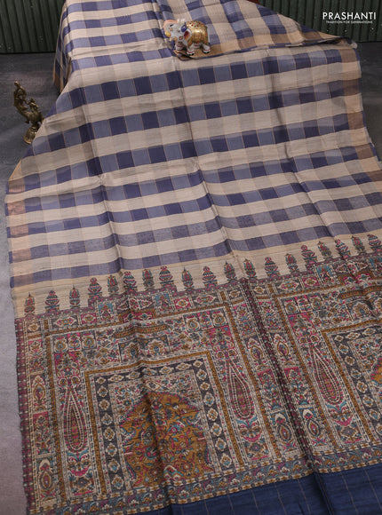 Pure dupion silk saree grey beige and peacock blue with allover zari woven checked pattern and concept printed pallu