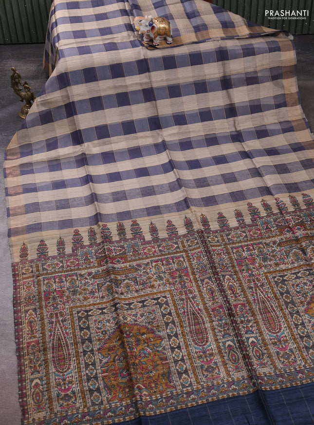 Pure dupion silk saree grey beige and peacock blue with allover zari woven checked pattern and concept printed pallu