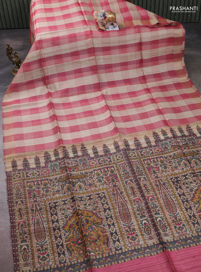 Pure dupion silk saree beige pink and pink with allover zari woven checked pattern and concept printed pallu