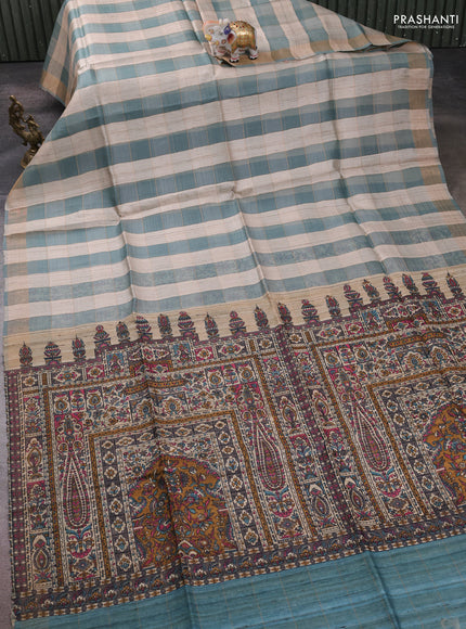 Pure dupion silk saree beige pastel blue and teal blue with allover zari woven checked pattern and concept printed pallu