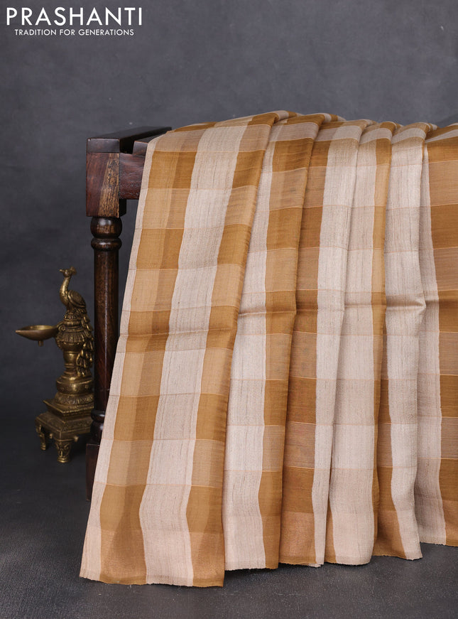 Pure dupion silk saree dark mustard beige and dark sandal with allover zari woven checked pattern and printed pallu