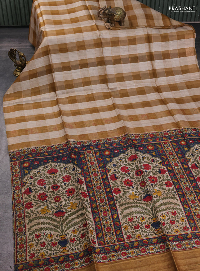 Pure dupion silk saree dark mustard beige and dark sandal with allover zari woven checked pattern and printed pallu