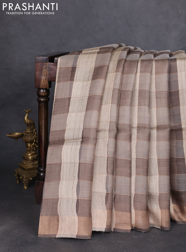 Pure dupion silk saree beige grey and grey with allover zari woven checked pattern and printed pallu