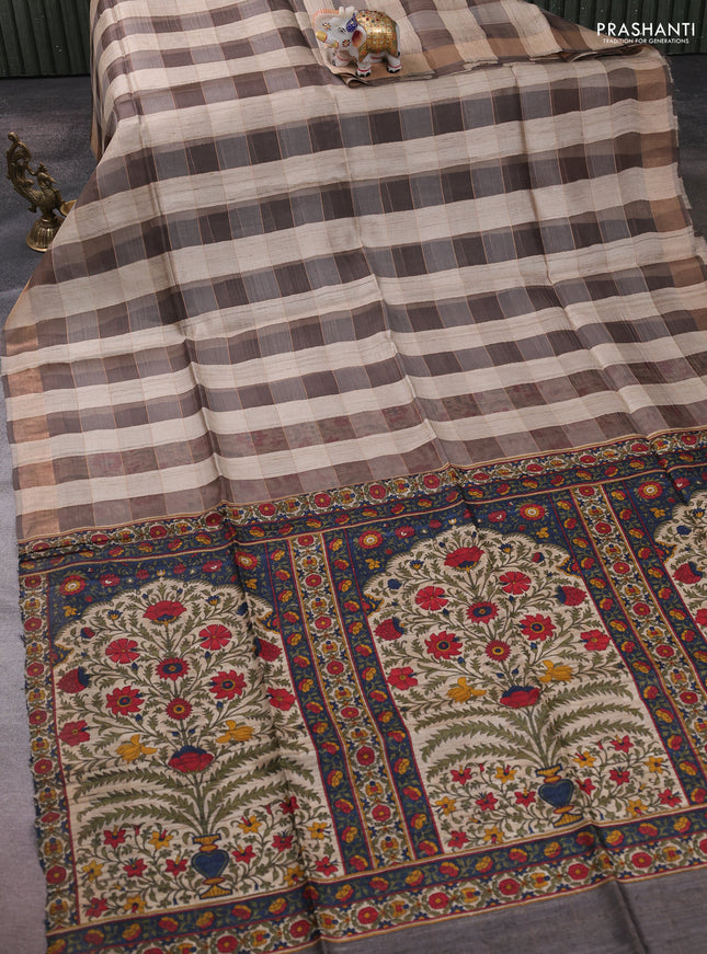 Pure dupion silk saree beige grey and grey with allover zari woven checked pattern and printed pallu