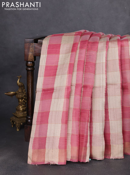 Pure dupion silk saree pink beige and pink with allover zari woven checked pattern and printed pallu