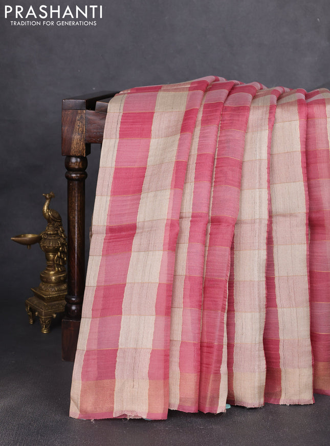 Pure dupion silk saree pink beige and pink with allover zari woven checked pattern and printed pallu