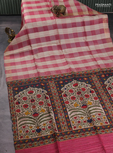 Pure dupion silk saree pink beige and pink with allover zari woven checked pattern and printed pallu