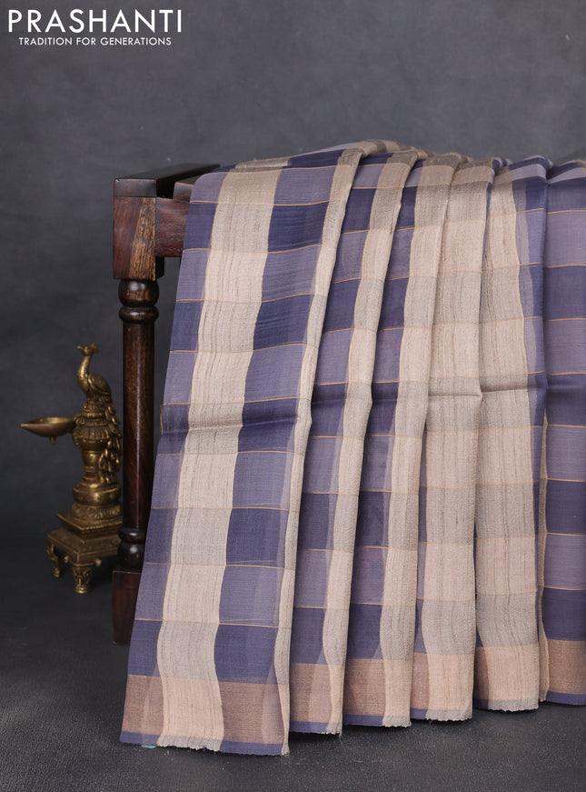 Pure dupion silk saree beige grey and peacock blue with allover zari woven checked pattern and printed pallu