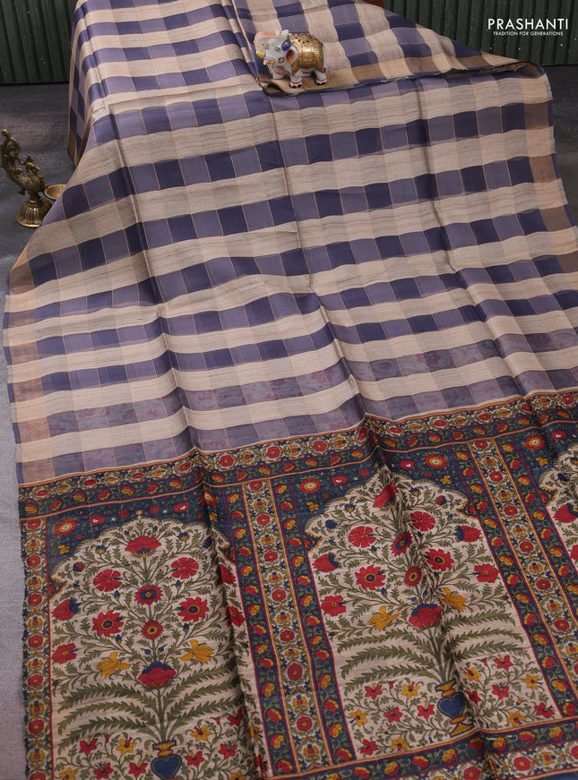 Pure dupion silk saree beige grey and peacock blue with allover zari woven checked pattern and printed pallu
