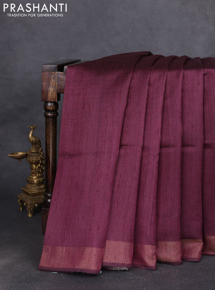 Pure dupion silk saree wine shade and beige with plain body and printed pallu