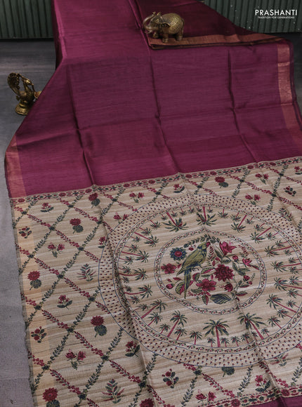 Pure dupion silk saree wine shade and beige with plain body and printed pallu