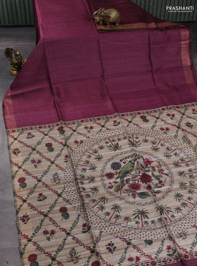 Pure dupion silk saree wine shade and beige with plain body and printed pallu