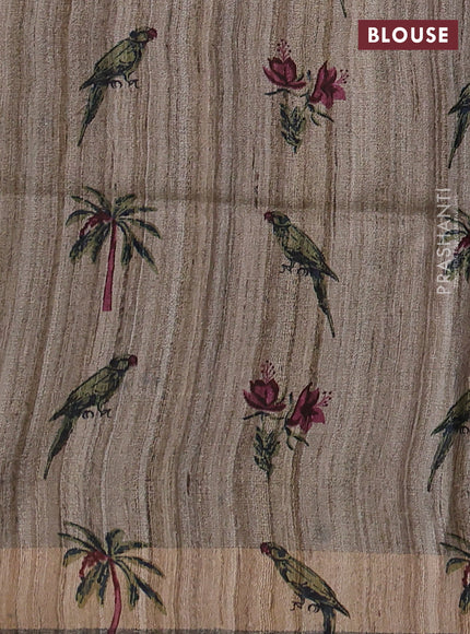 Pure dupion silk saree wine shade and beige with plain body and printed pallu