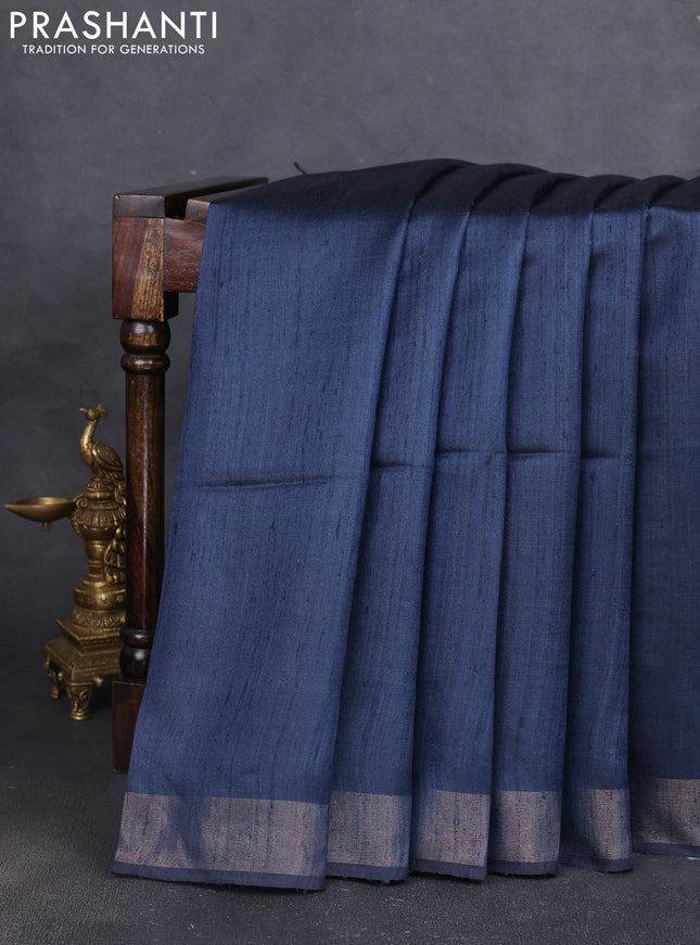 Pure dupion silk saree peacock blue and beige with plain body and printed pallu