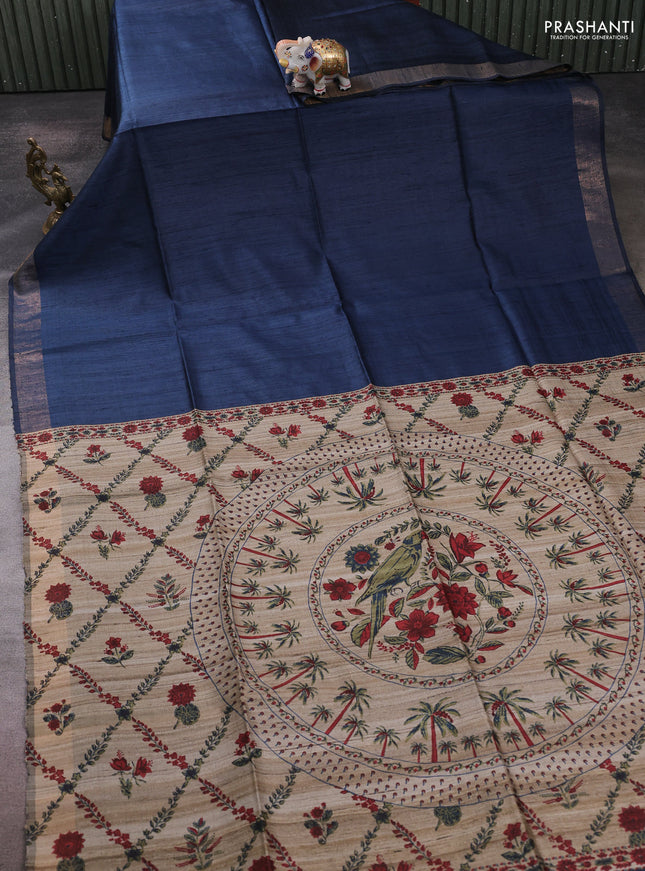 Pure dupion silk saree peacock blue and beige with plain body and printed pallu
