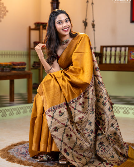 Pure dupion silk saree dark mustard and sandal with plain body and printed pallu