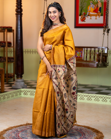 Pure dupion silk saree dark mustard and sandal with plain body and printed pallu