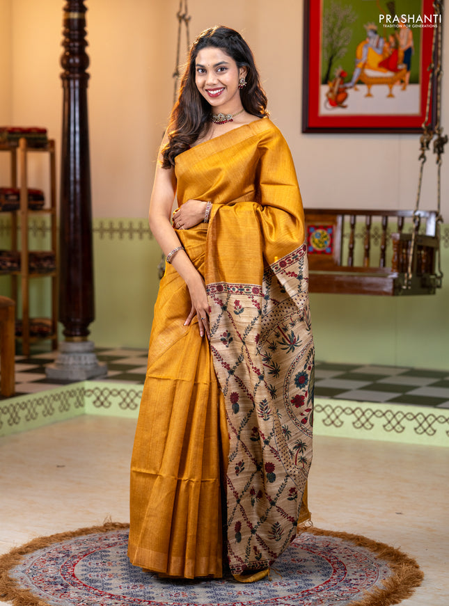 Pure dupion silk saree dark mustard and sandal with plain body and printed pallu