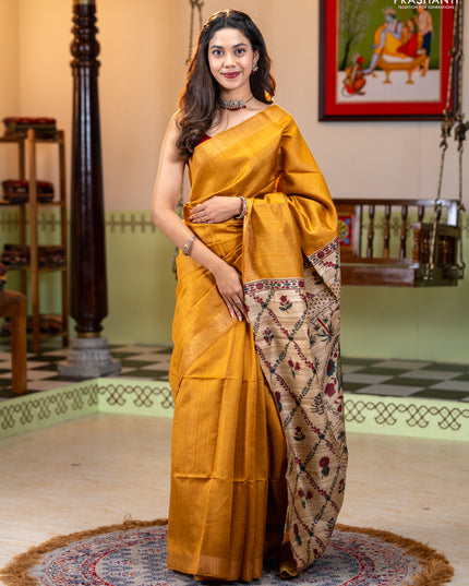 Pure dupion silk saree dark mustard and sandal with plain body and printed pallu