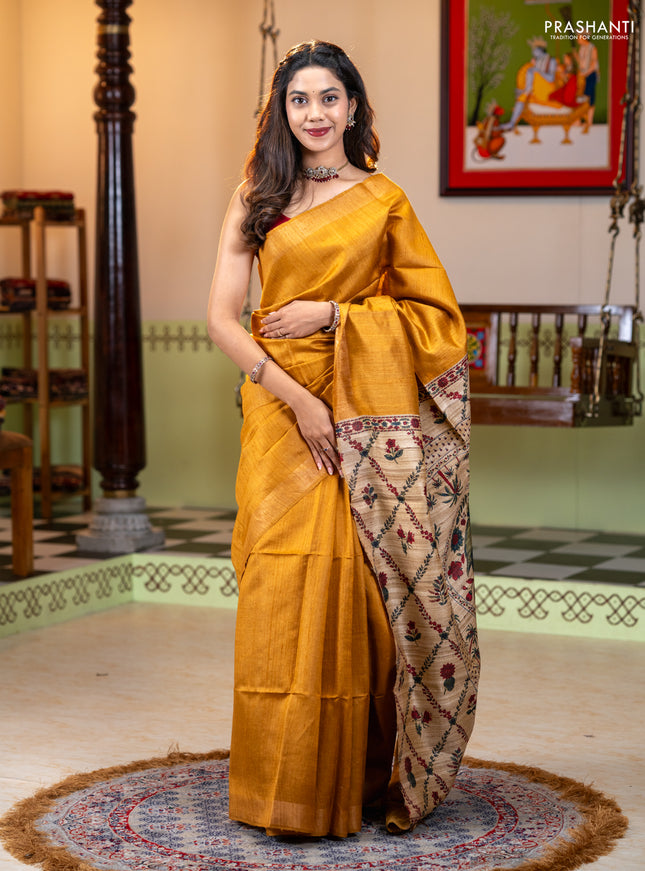 Pure dupion silk saree dark mustard and sandal with plain body and printed pallu