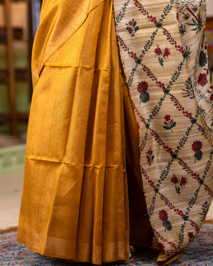 Pure dupion silk saree dark mustard and sandal with plain body and printed pallu