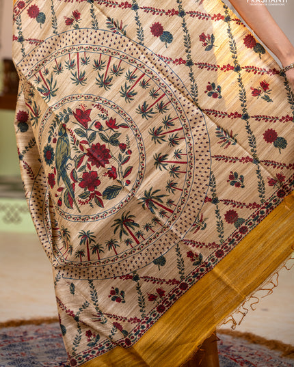 Pure dupion silk saree dark mustard and sandal with plain body and printed pallu