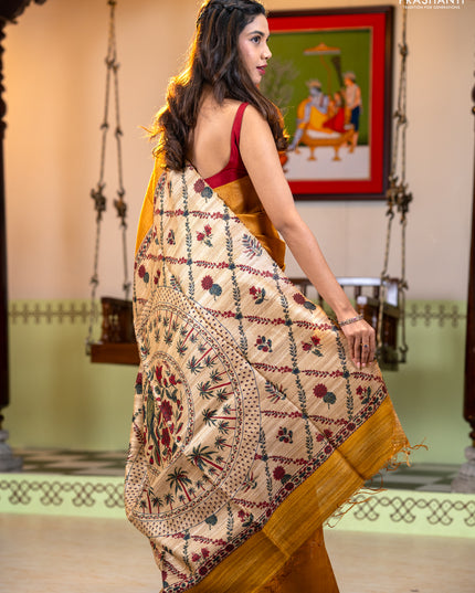 Pure dupion silk saree dark mustard and sandal with plain body and printed pallu
