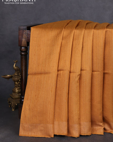 Pure dupion silk saree dark mustard and sandal with plain body and printed pallu
