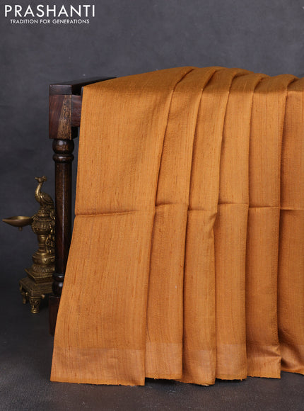 Pure dupion silk saree dark mustard and sandal with plain body and printed pallu