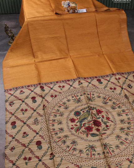 Pure dupion silk saree dark mustard and sandal with plain body and printed pallu