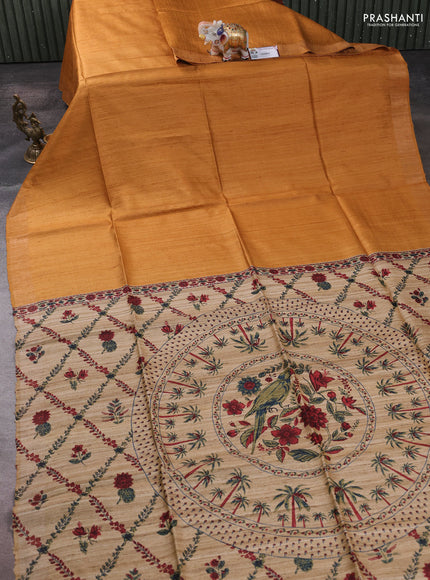 Pure dupion silk saree dark mustard and sandal with plain body and printed pallu