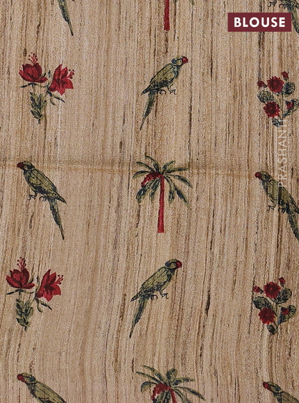 Pure dupion silk saree dark mustard and sandal with plain body and printed pallu