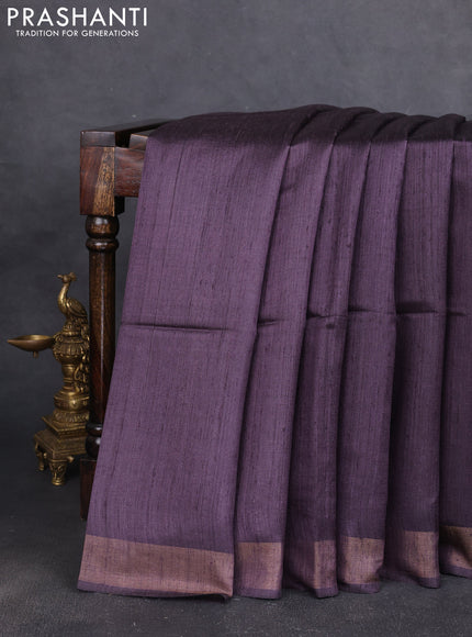 Pure dupion silk saree jamun shade and beige with plain body and printed pallu