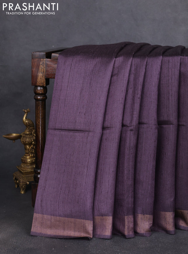 Pure dupion silk saree jamun shade and beige with plain body and printed pallu
