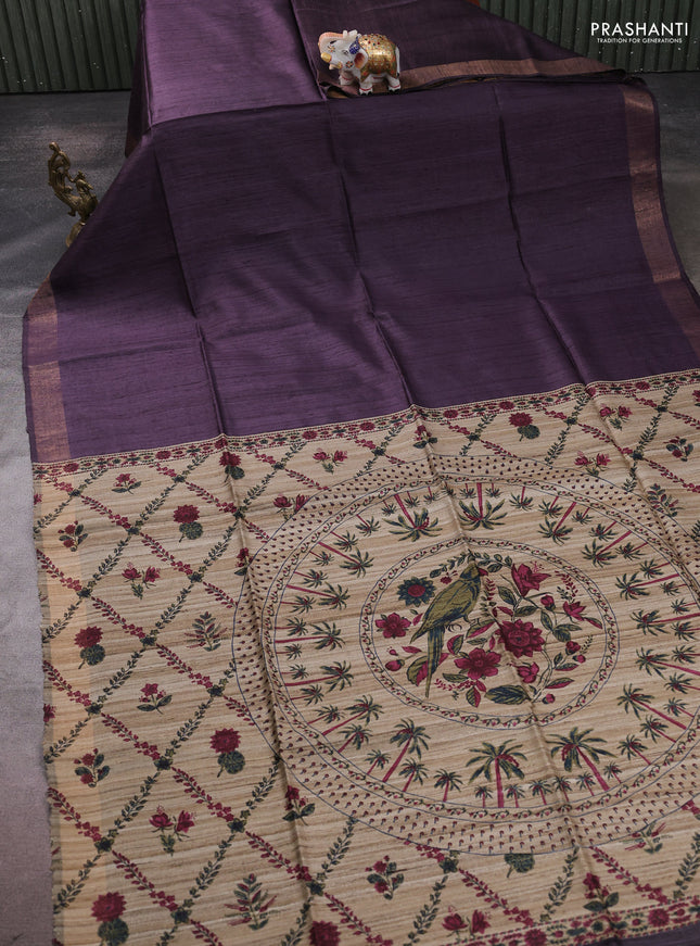Pure dupion silk saree jamun shade and beige with plain body and printed pallu