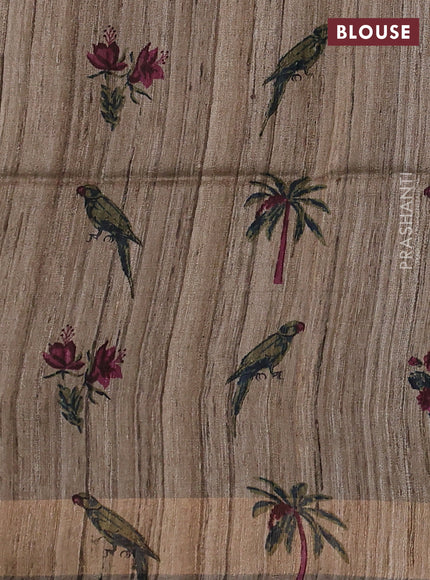 Pure dupion silk saree jamun shade and beige with plain body and printed pallu