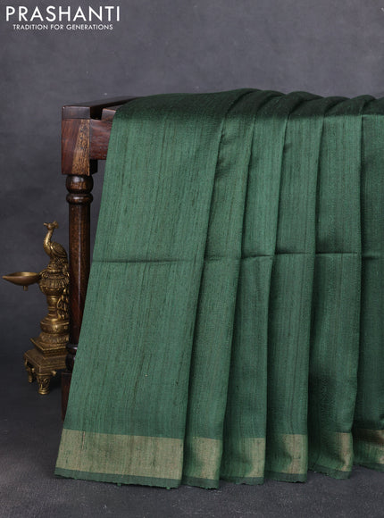 Pure dupion silk saree dark green and beige with plain body and printed pallu