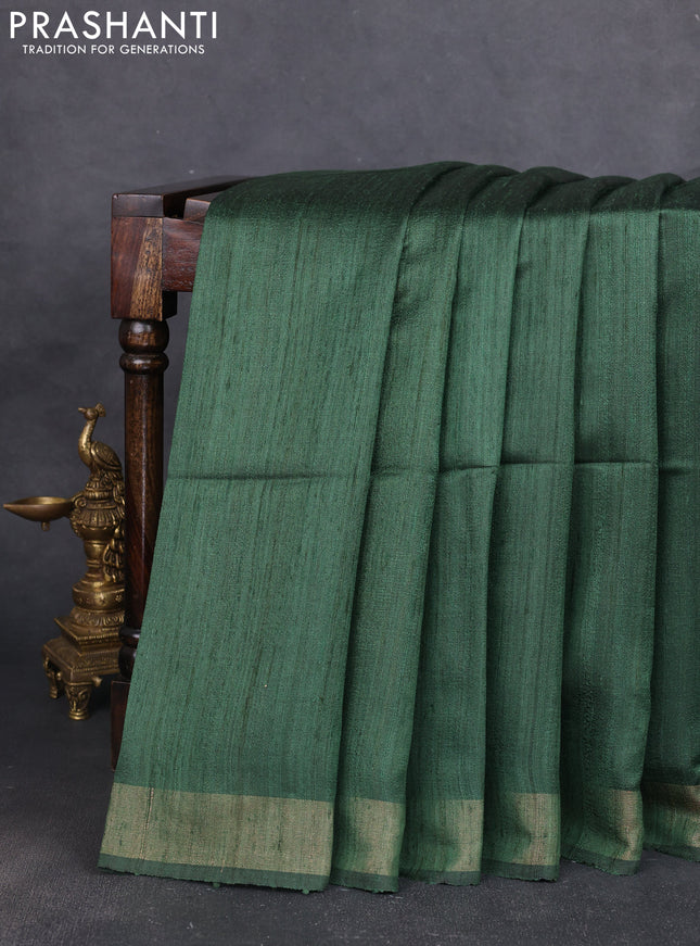 Pure dupion silk saree dark green and beige with plain body and printed pallu