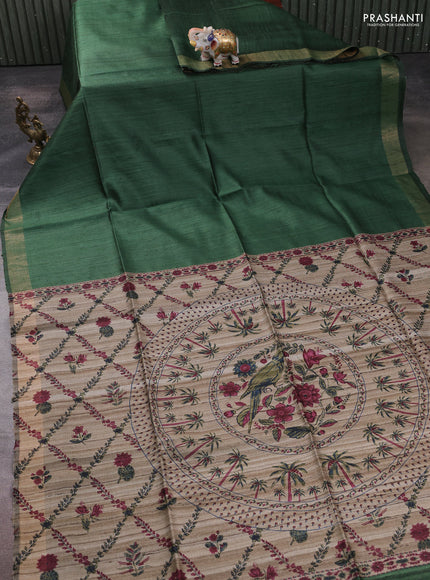 Pure dupion silk saree dark green and beige with plain body and printed pallu