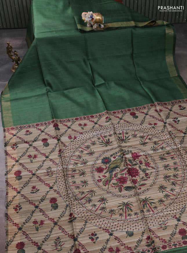 Pure dupion silk saree dark green and beige with plain body and printed pallu