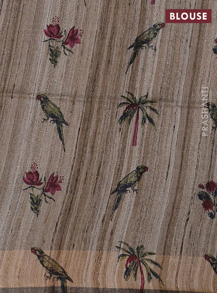 Pure dupion silk saree dark green and beige with plain body and printed pallu