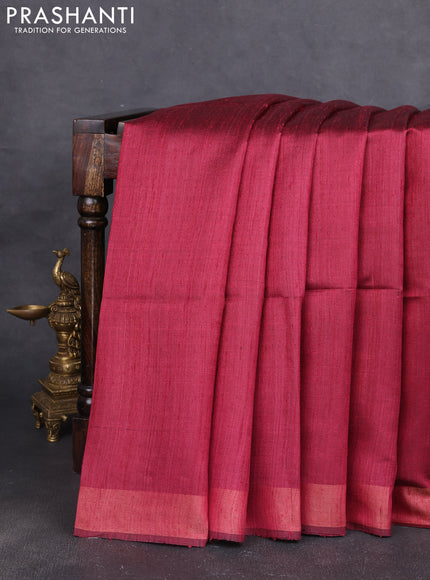 Pure dupion silk saree maroon and beige with plain body and printed pallu