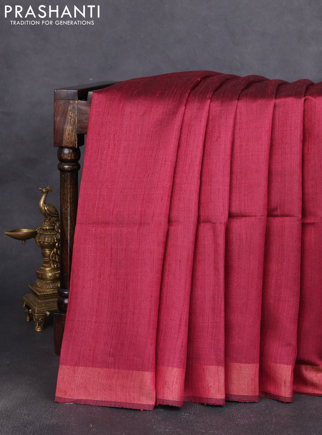 Pure dupion silk saree maroon and beige with plain body and printed pallu