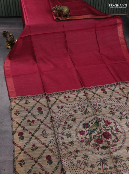 Pure dupion silk saree maroon and beige with plain body and printed pallu