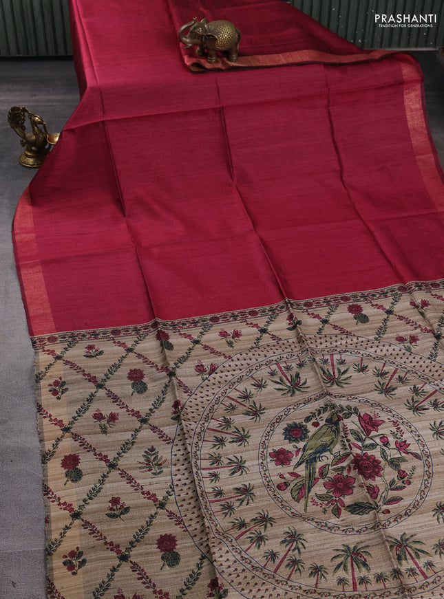 Pure dupion silk saree maroon and beige with plain body and printed pallu