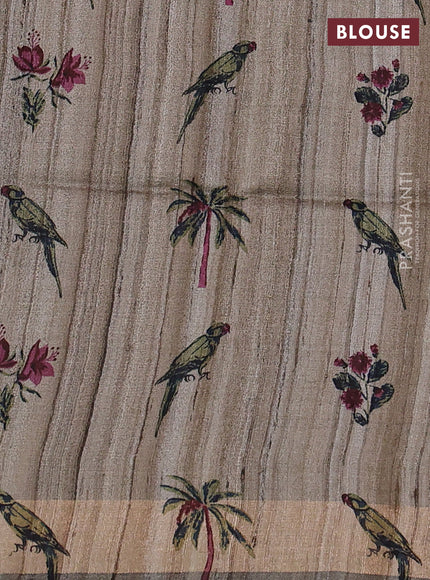 Pure dupion silk saree maroon and beige with plain body and printed pallu