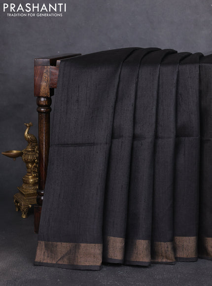 Pure dupion silk saree black and beige with plain body and printed pallu