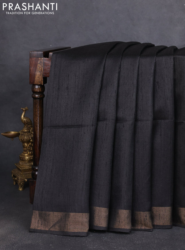 Pure dupion silk saree black and beige with plain body and printed pallu